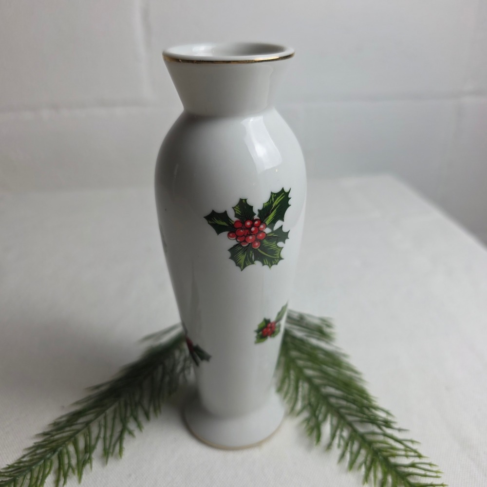 Vintage Lefton Holly Berry Bud Vase Porcelain Gold Trim Japan 7942 Christmas